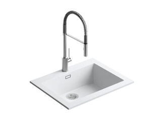 Modern white kitchen sink with chrome pull down faucet, Isolated On Transparent Background