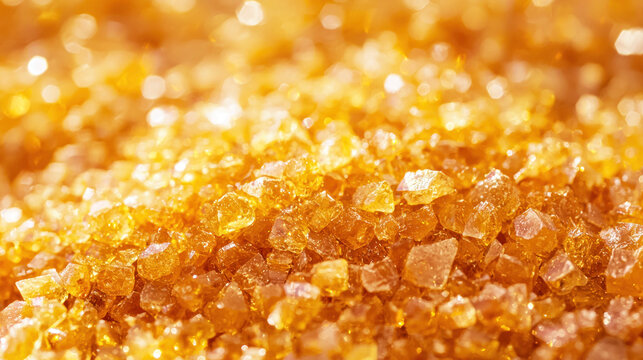 A close-up of a pile of brown sugar crystals with a golden hue, illuminated by sunlight, with a blurred background.