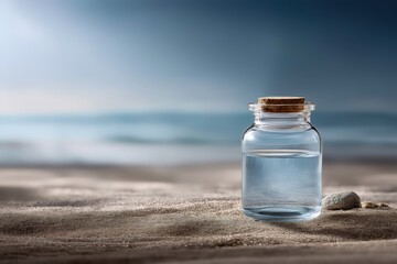 Glass Jar Filled With Clear Water on Sandy Beach With Soft Ocean Waves in Background