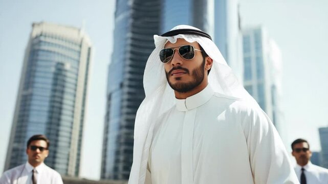 A stylish Arab man wearing sunglasses and a white kandura stands confidently in front of a high-rise skyline with two other men in the background during daylight
