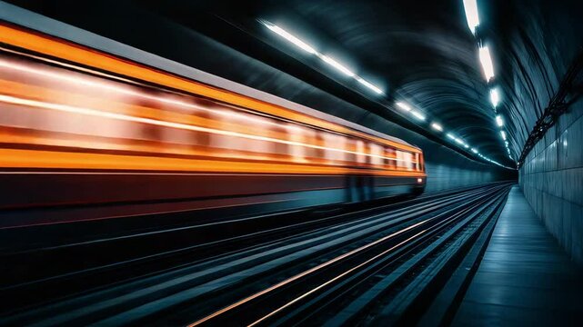 A train rushes through an underground tunnel in an urban transit system at night creating a blur of lights and motion along the tracks