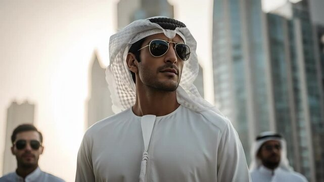 A stylish Arab man wearing sunglasses and a white kandura stands confidently in front of a high-rise skyline with two other men in the background during daylight