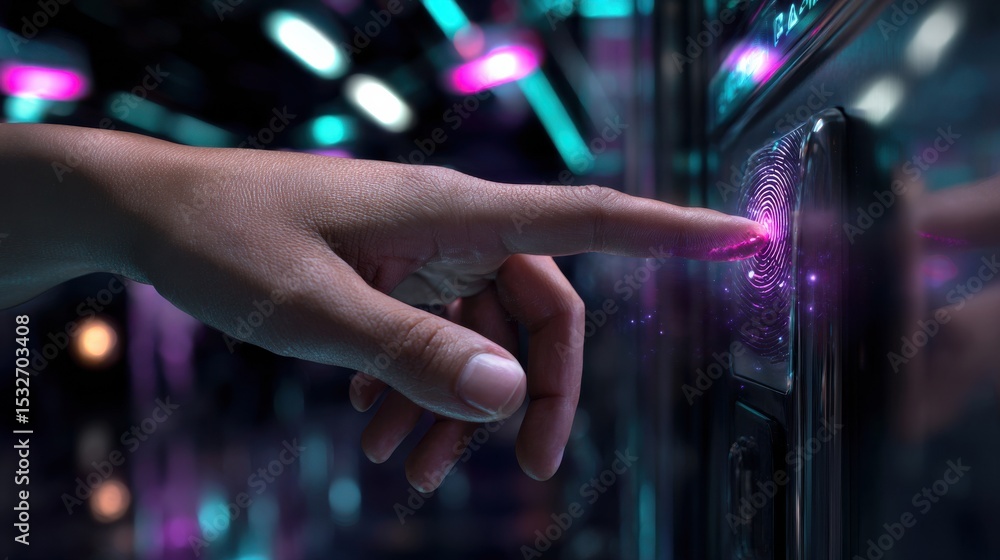 Poster a hand pointing at a screen with a glowing fingerprint