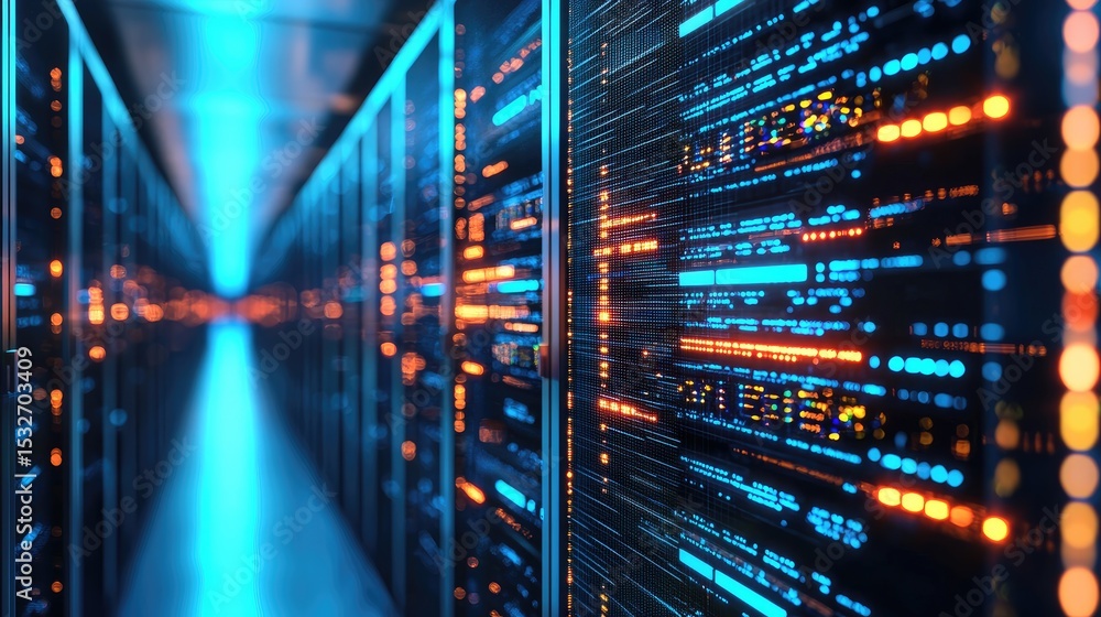 Aufkleber Futuristic data center hallway with glowing blue ceiling and vibrant orange and blue server lights, representing cloud computing, data processing, and modern network systems