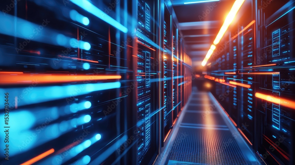 Poster Futuristic data center corridor with glowing blue and orange lights on server racks, representing high-speed data processing, digital storage, and cloud-based infrastructure