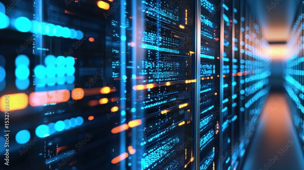 Aufkleber High-tech data center with glowing blue and orange lights across server racks, illustrating cloud storage, advanced computing, and real-time digital data infrastructure