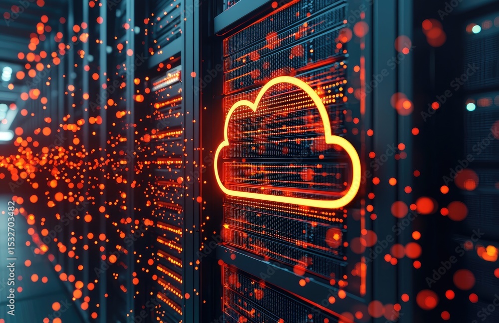 Poster Futuristic data center with glowing orange cloud icon and floating red particles, illustrating cloud infrastructure, secure data storage, and modern server technologies
