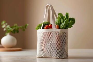 Hand Holding Mesh Cotton Tote Bag Filled with Fresh Vegetables on Light Background