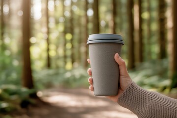 Hand Holding Reusable Travel Coffee Cup in Lush Green Forest with Sunlight Filtering Through Trees