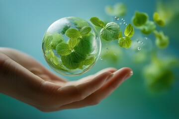 Hand Holding Transparent Globe with Green Leaves and Bubbles on Soft Blue Background