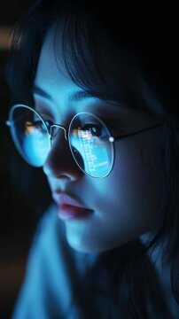 A person wearing glasses, illuminated by screen light, deep in thought or focused on a task, showcasing modern lifestyle.