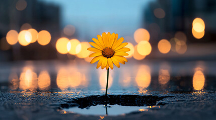 A bright yellow flower grows determinedly out of cracked pavement with blurred city lights behind it.
