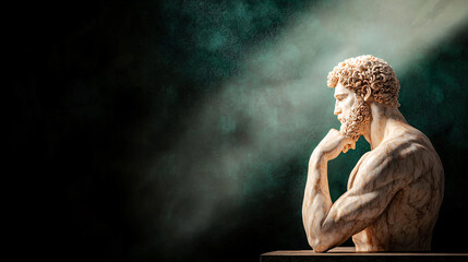 Obraz premium Marble bust of a bearded man gazes pensively into the distance under a spotlight in a dark atmosphere.