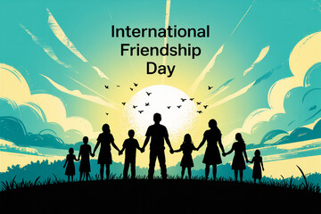 International friendship day silhouette of friends holding hands under a beautiful sky