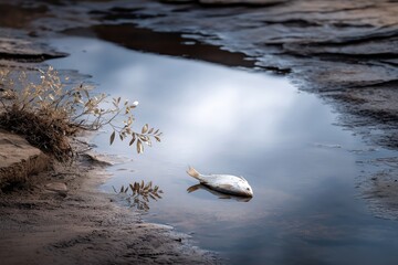 High Angle View of a Pale Lifeless Fish Floating in Shallow Water with Reflections