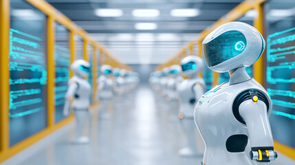 Artificial ligence stands in futuristic server room for advanced data processing and technology.