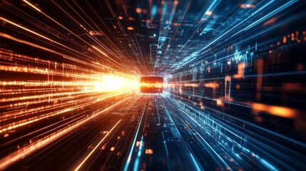 Futuristic digital technology background with glowing blue light lines, virtual interface elements, and abstract data flow representing innovation, artificial intelligence, and high-tech business solu