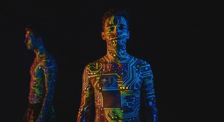 Fototapeta premium Neon body paint depicting circuit boards on two figures against a dark backdrop. One is in focus, the other blurred