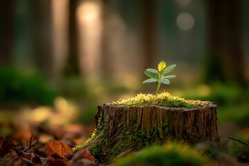 Hopeful Green Sapling Emerging From Mossy Stump In Enchanted Forest Lighting
