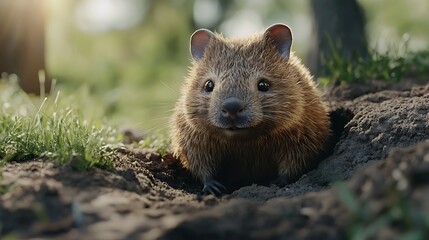 Obraz premium Cute Quokka Peeking From Hole on Sunny Day in Nature
