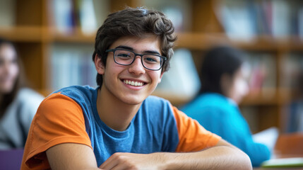 Fototapeta premium A young man wearing glasses and an orange shirt, sitting in a library with a bookshelf in the background.