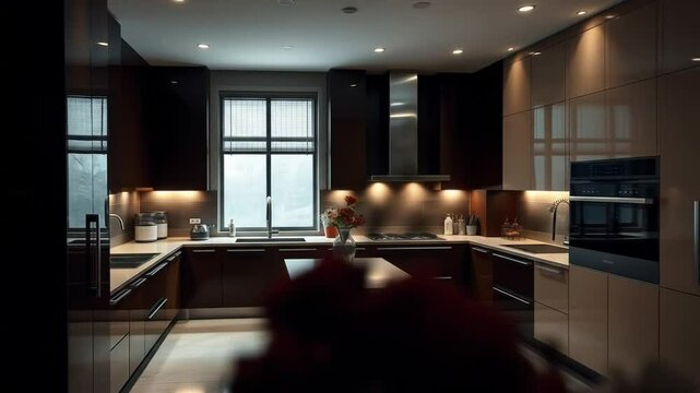 A modern kitchen interior boasting sleek cabinetry, marble floors, and recessed lighting