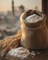 Obraz premium Bag of Flour with Wheat on Wooden Table Near Window