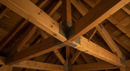 Intricate wooden beams form a complex, geometric ceiling structure, showcasing craftsmanship and design