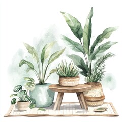 Obraz premium Watercolor illustration vibrant houseplants in pots displayed on a mat and stool