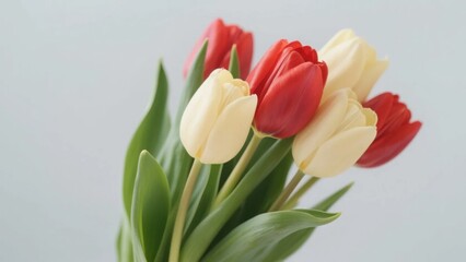 Fototapeta premium A bunch of red and white tulips, with emerald - green leaves, blooms with fresh and elegant beauty against a simple background.
