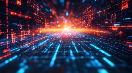 Futuristic digital technology background with glowing blue light lines, virtual interface elements, and abstract data flow representing innovation, artificial intelligence, and high-tech business solu