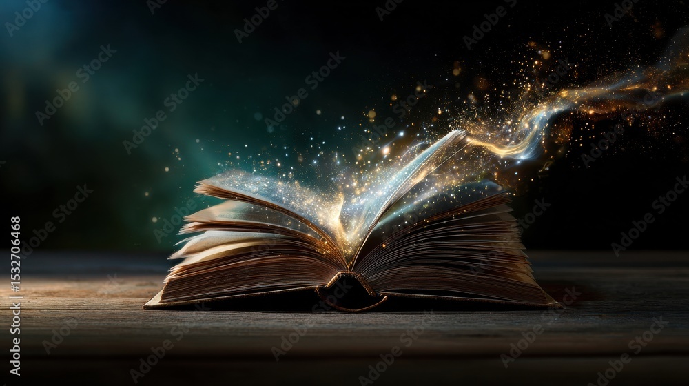 Poster a book is open to a page with a glowing light shining on it