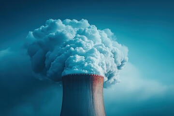 Industrial Chimney with Emission Clouds Under Dramatic Blue Sky