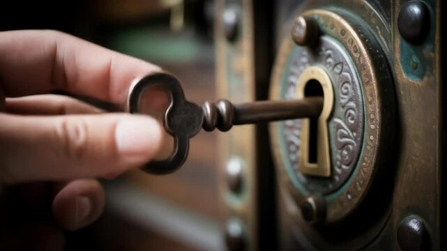 Hand turning vintage key in ornate lock, close-up view for unlocking antique furniture