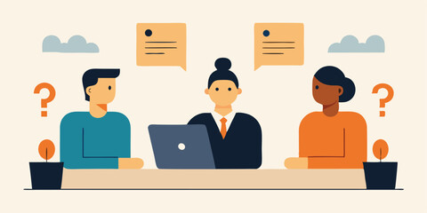 Business team meeting collaboration problem solving questions laptop