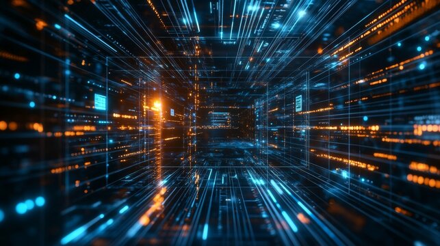 Futuristic digital technology background with glowing blue light lines, virtual interface elements, and abstract data flow representing innovation, artificial intelligence, and high-tech business solu - Powered by Adobe