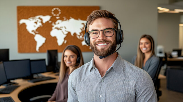 Friendly male customer service agent smiles confidently with colleagues in modern call center office space.