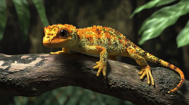 Orange Crested Gecko Perched on a Branch in a Lush Forest Setting