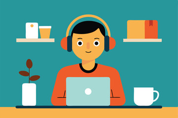 Young person working from home on laptop wearing headphones
