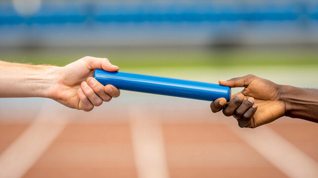 Hand passes a blue baton to another du a relay race on a running track for a teamwork concept.