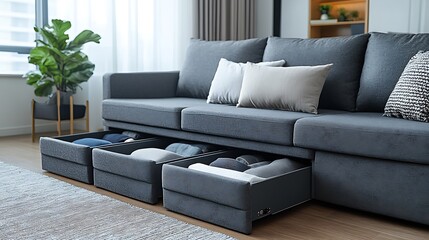 Modern sofa with storage drawers.