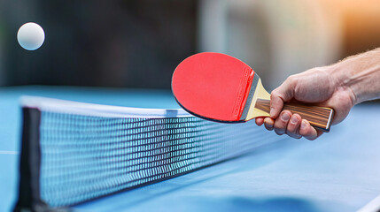 Hand holds ping pong paddle about to hit the ball du an intense table tennis competition indoors.