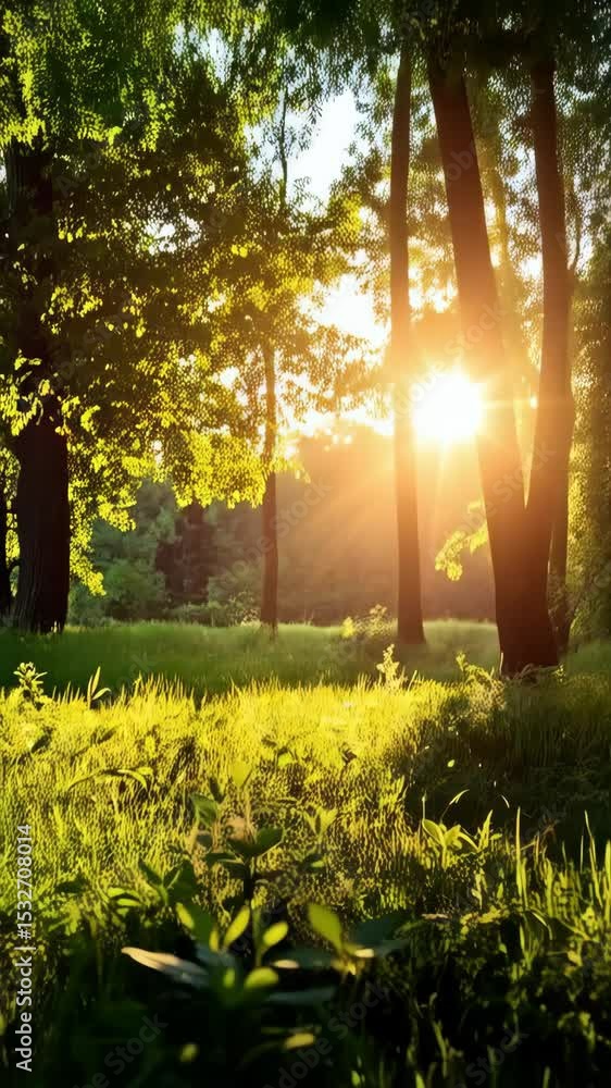 Poster sunlight streams through trees in a forest, illuminating green foliage, grass, and creating a warm, 