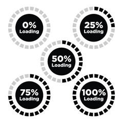 Circular Loading Bar Vector Set, 0% to 100% Progress Indicators.
