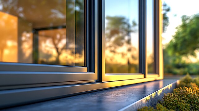 Modern window sunset view.