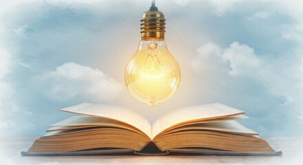 Soothing illustration of an open book with a hanging light bulb illuminating it against a cloudy sky background