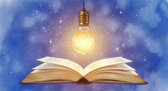 Magical illustration of an open book with a glowing light bulb hanging above it against a starry night background - Powered by Adobe