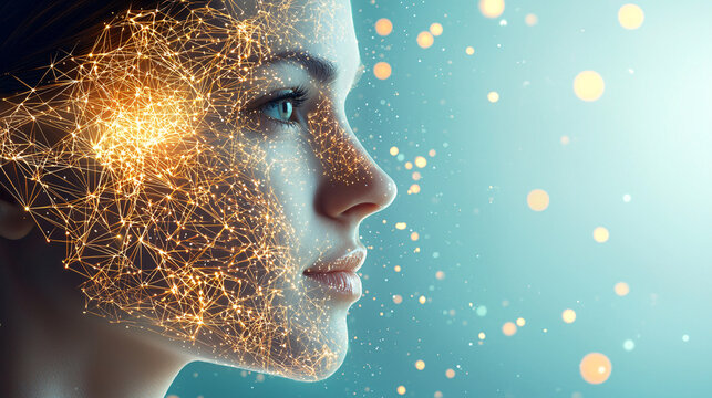 Glowing digital network overlays serene woman's face, showcasing technological connection and future vision.