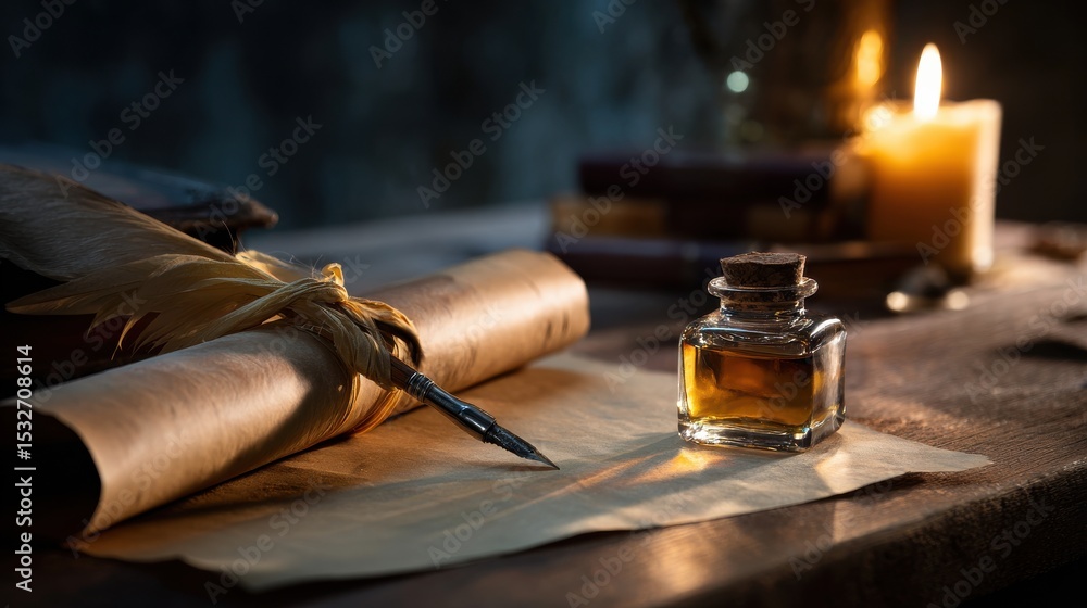 Fototapete A candle sits on a table next to a pen and a scroll of paper