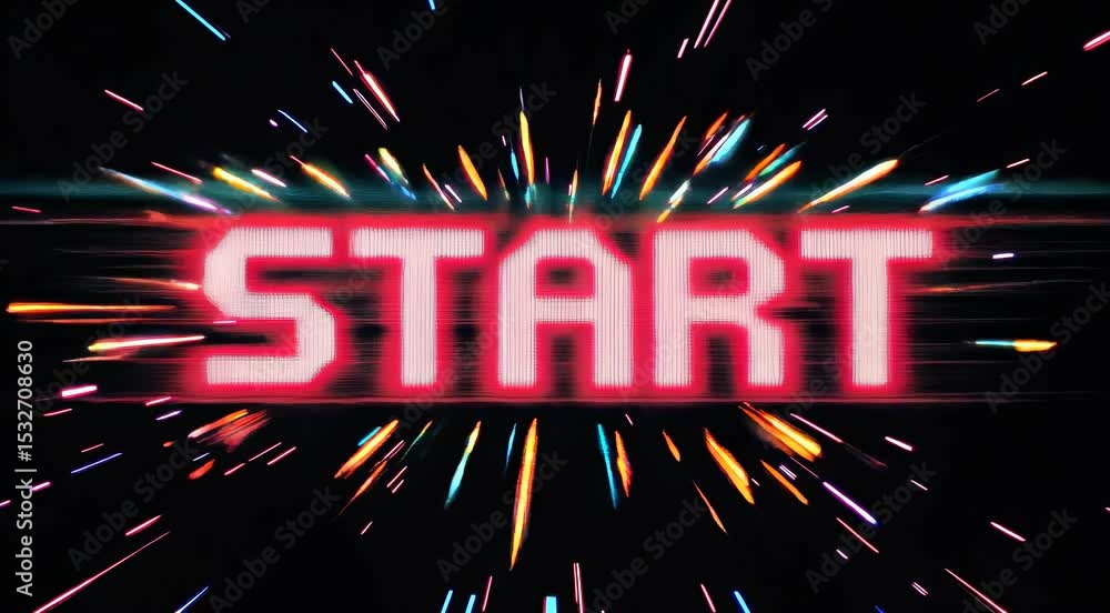 Poster dynamic start button animation with glowing neon text and light streaks